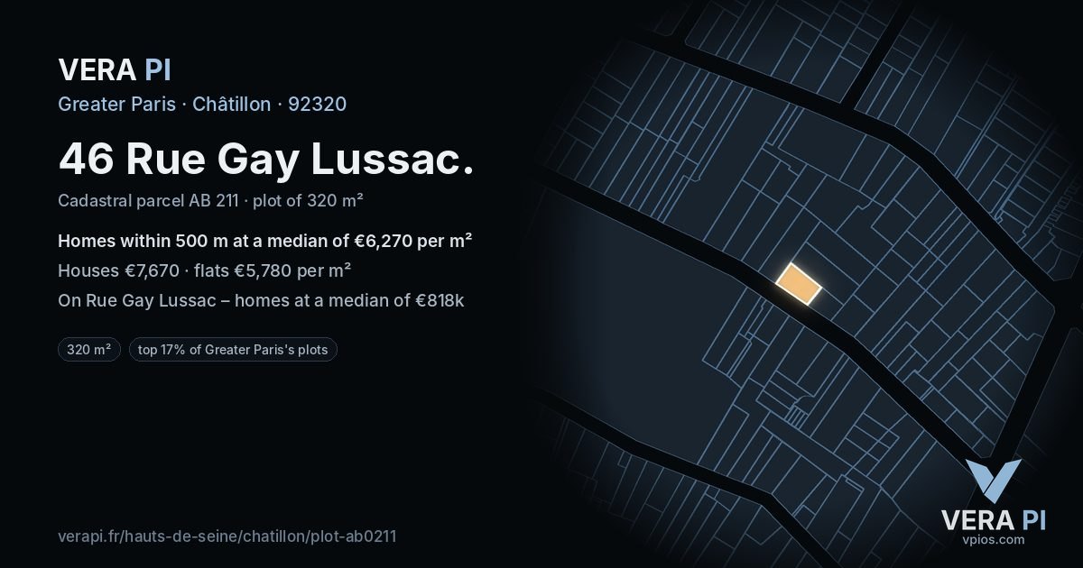46 Rue Gay Lussac, Châtillon at night – the plot lit, the parcels around coloured by the prices near them