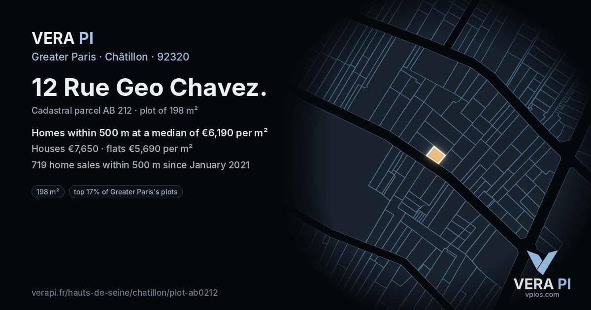 12 Rue Geo Chavez, Châtillon at night – the plot lit, the parcels around coloured by the prices near them