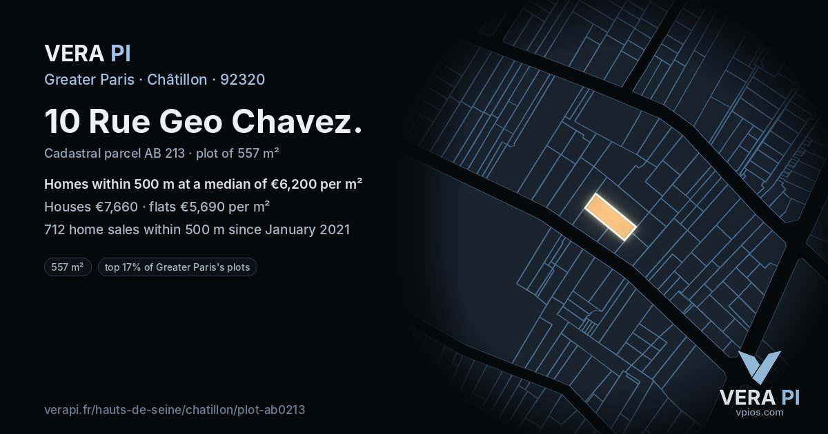 10 Rue Geo Chavez, Châtillon at night – the plot lit, the parcels around coloured by the prices near them