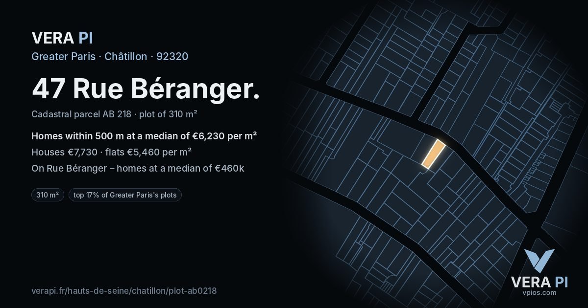47 Rue Béranger, Châtillon at night – the plot lit, the parcels around coloured by the prices near them