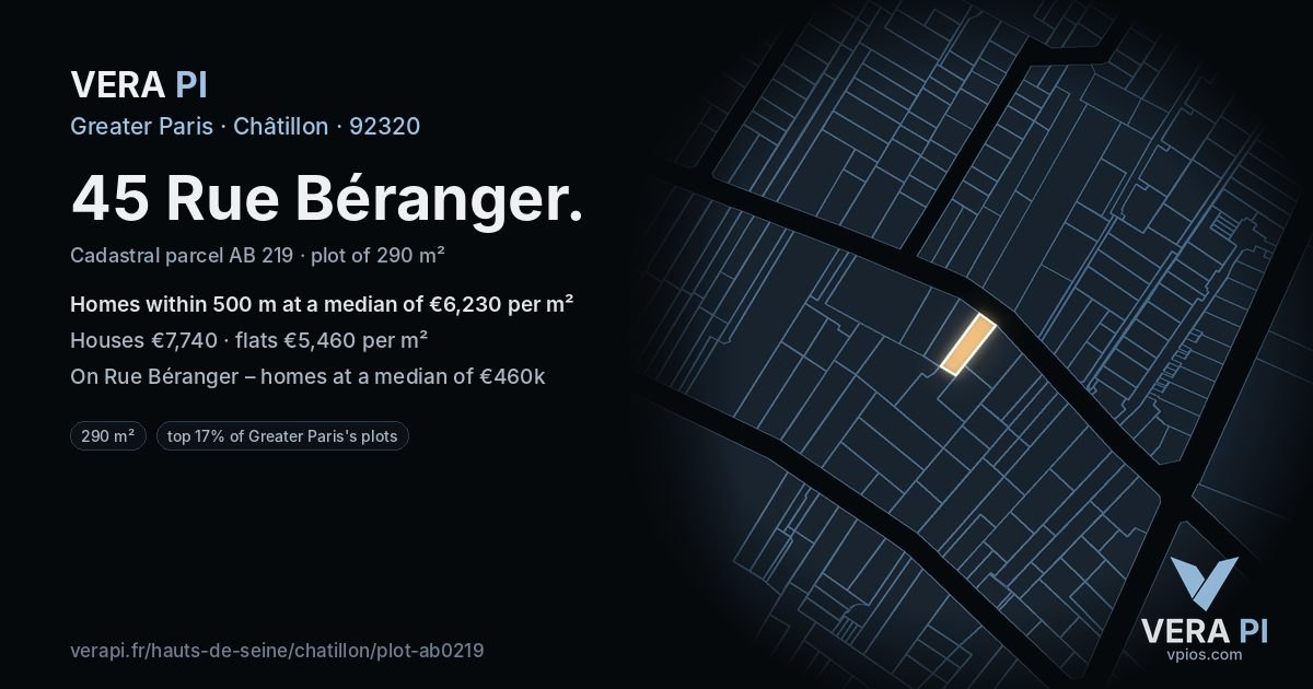 45 Rue Béranger, Châtillon at night – the plot lit, the parcels around coloured by the prices near them