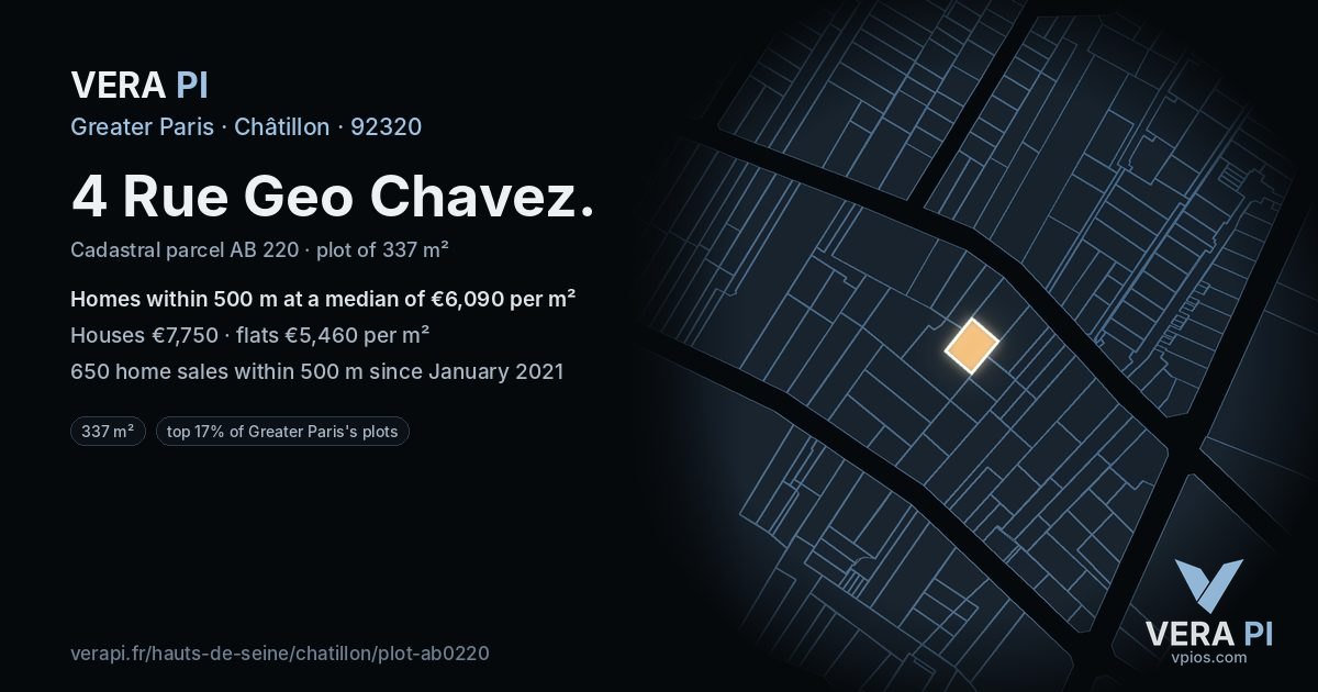 4 Rue Geo Chavez, Châtillon at night – the plot lit, the parcels around coloured by the prices near them