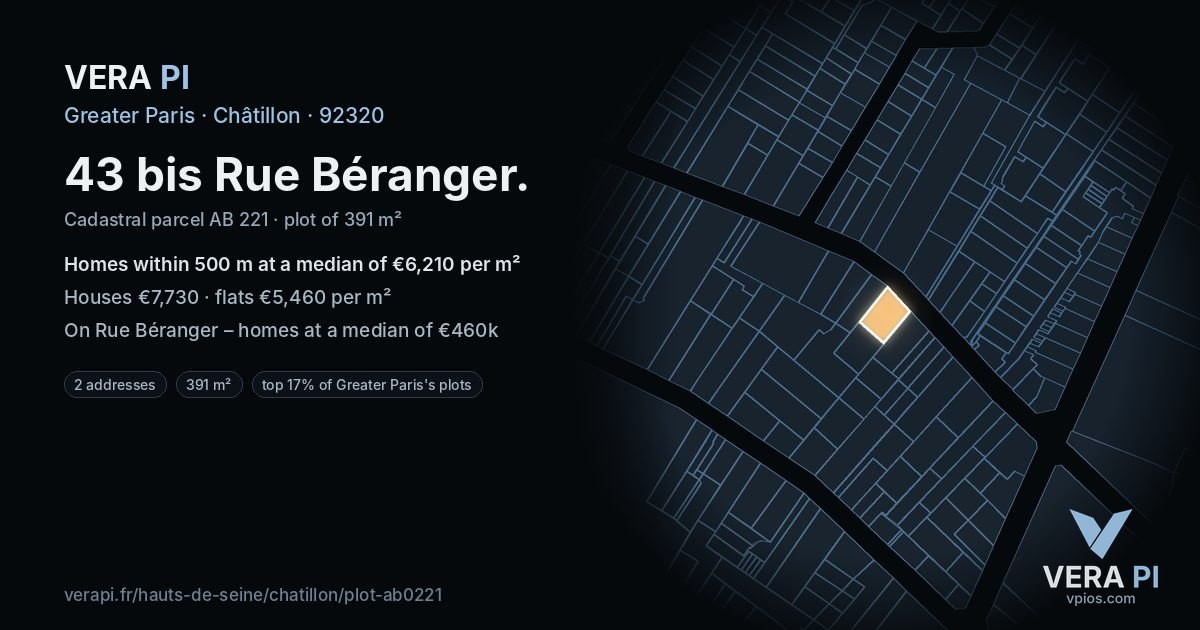 43 bis Rue Béranger, Châtillon at night – the plot lit, the parcels around coloured by the prices near them