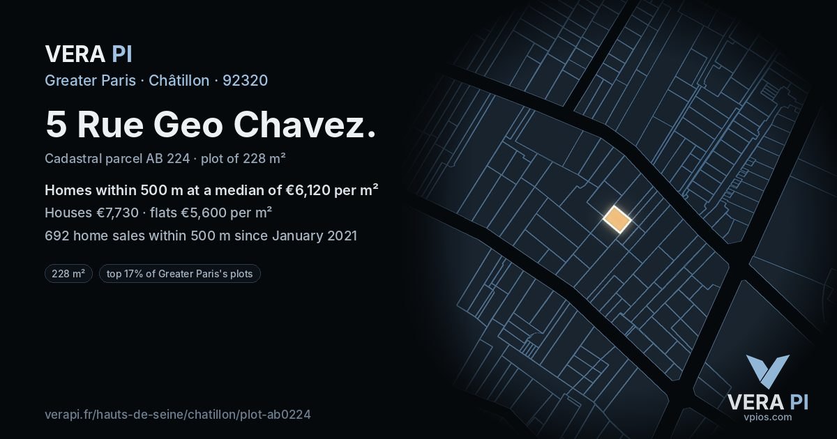 5 Rue Geo Chavez, Châtillon at night – the plot lit, the parcels around coloured by the prices near them