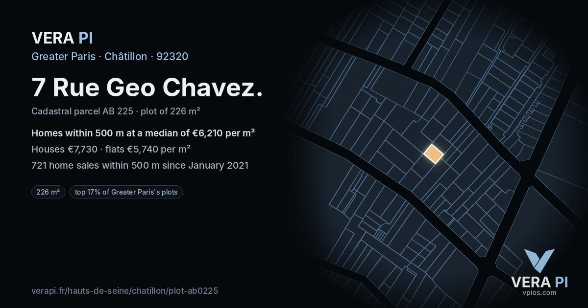 7 Rue Geo Chavez, Châtillon at night – the plot lit, the parcels around coloured by the prices near them