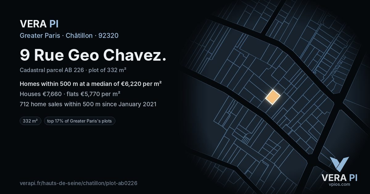 9 Rue Geo Chavez, Châtillon at night – the plot lit, the parcels around coloured by the prices near them