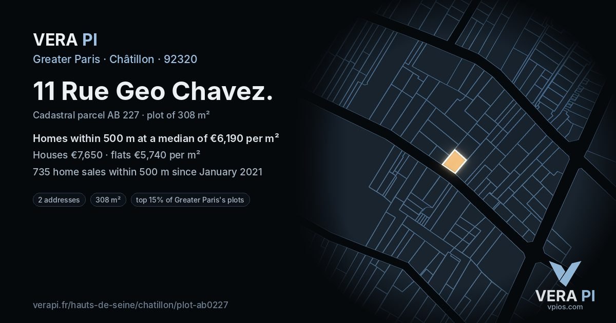 11 Rue Geo Chavez, Châtillon at night – the plot lit, the parcels around coloured by the prices near them