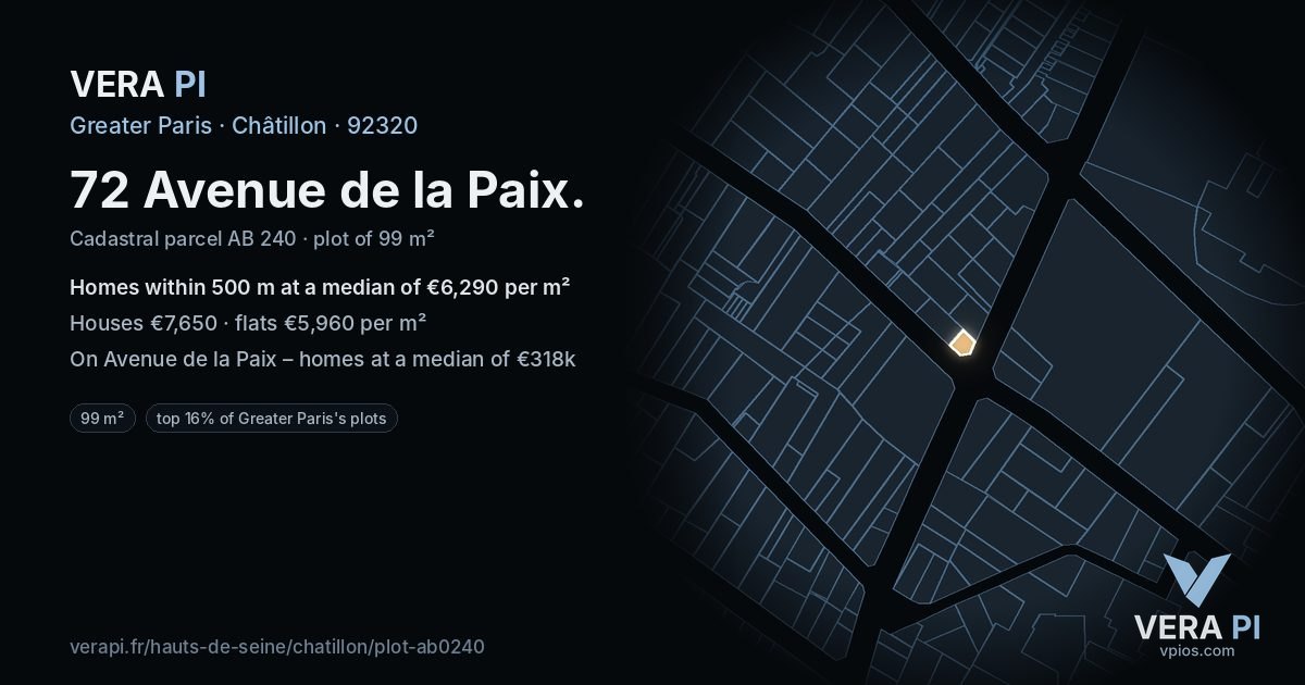72 Avenue de la Paix, Châtillon at night – the plot lit, the parcels around coloured by the prices near them