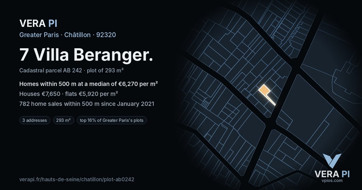 7 Villa Beranger, Châtillon at night – the plot lit, the parcels around coloured by the prices near them