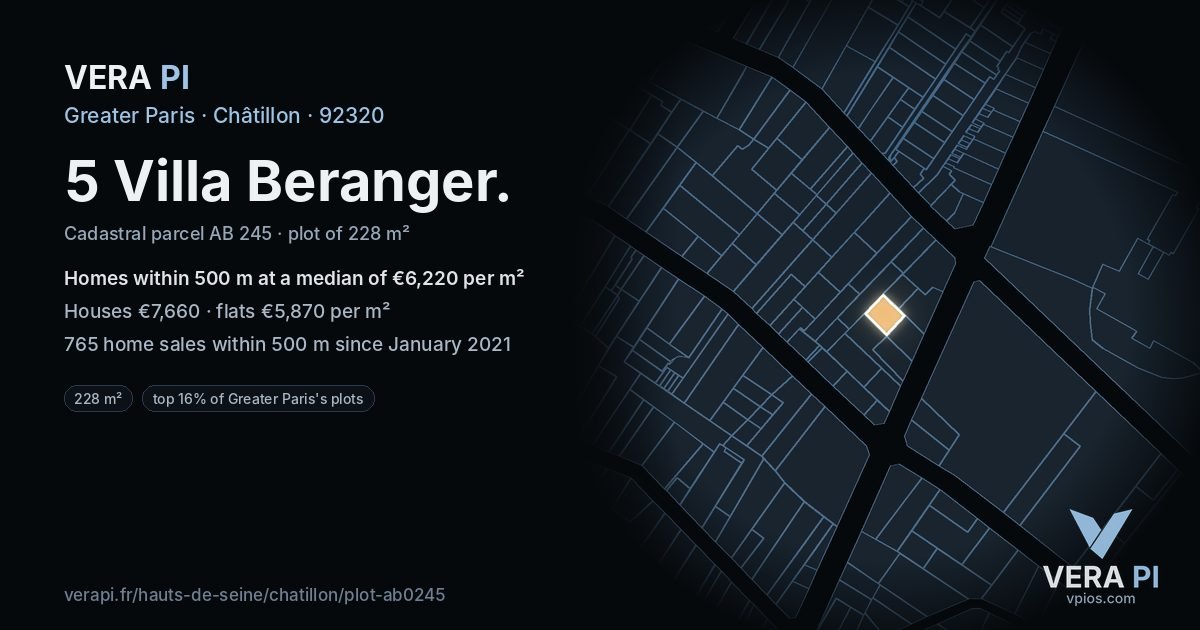 5 Villa Beranger, Châtillon at night – the plot lit, the parcels around coloured by the prices near them
