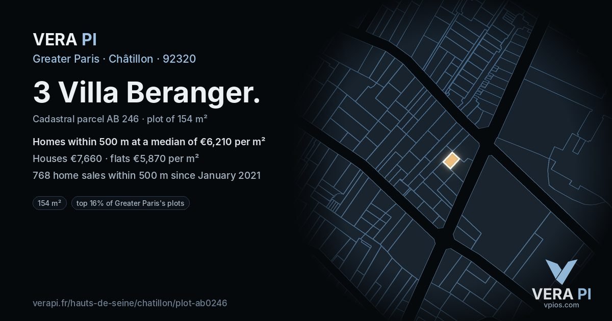 3 Villa Beranger, Châtillon at night – the plot lit, the parcels around coloured by the prices near them
