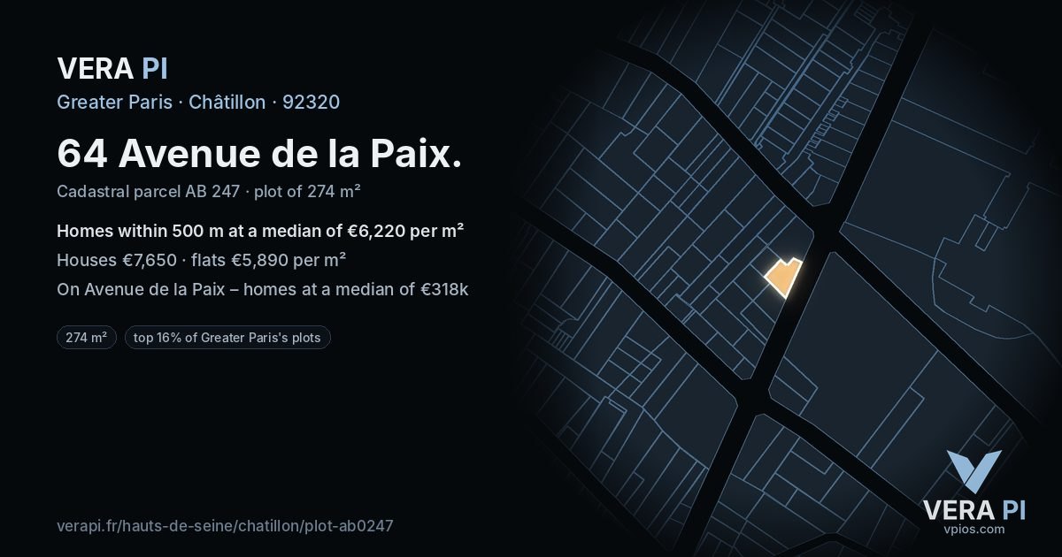 64 Avenue de la Paix, Châtillon at night – the plot lit, the parcels around coloured by the prices near them