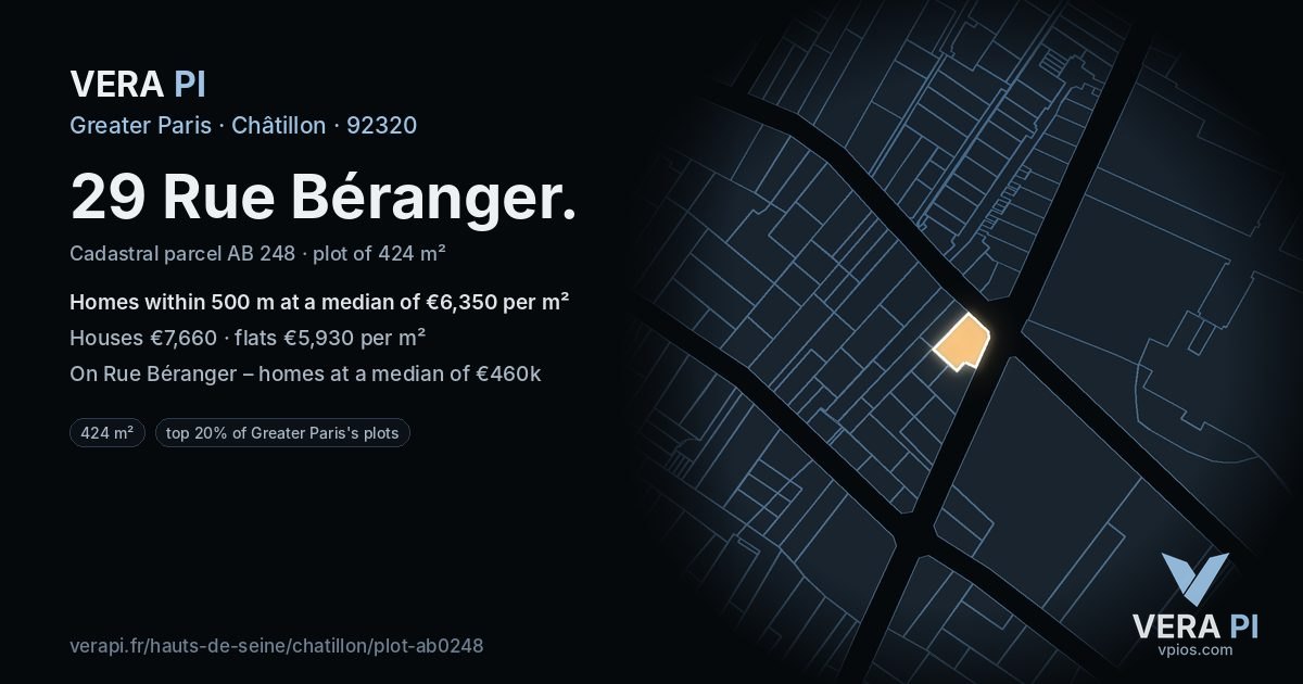 29 Rue Béranger, Châtillon at night – the plot lit, the parcels around coloured by the prices near them