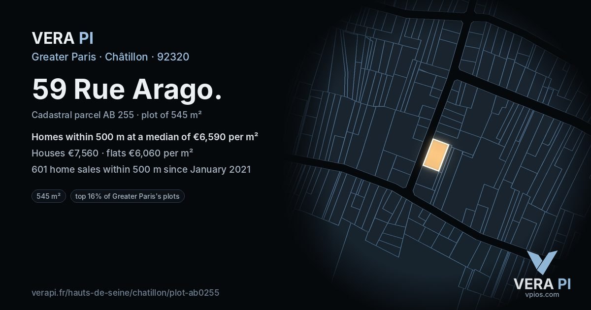 59 Rue Arago, Châtillon at night – the plot lit, the parcels around coloured by the prices near them