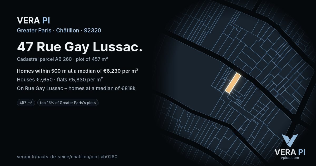 47 Rue Gay Lussac, Châtillon at night – the plot lit, the parcels around coloured by the prices near them