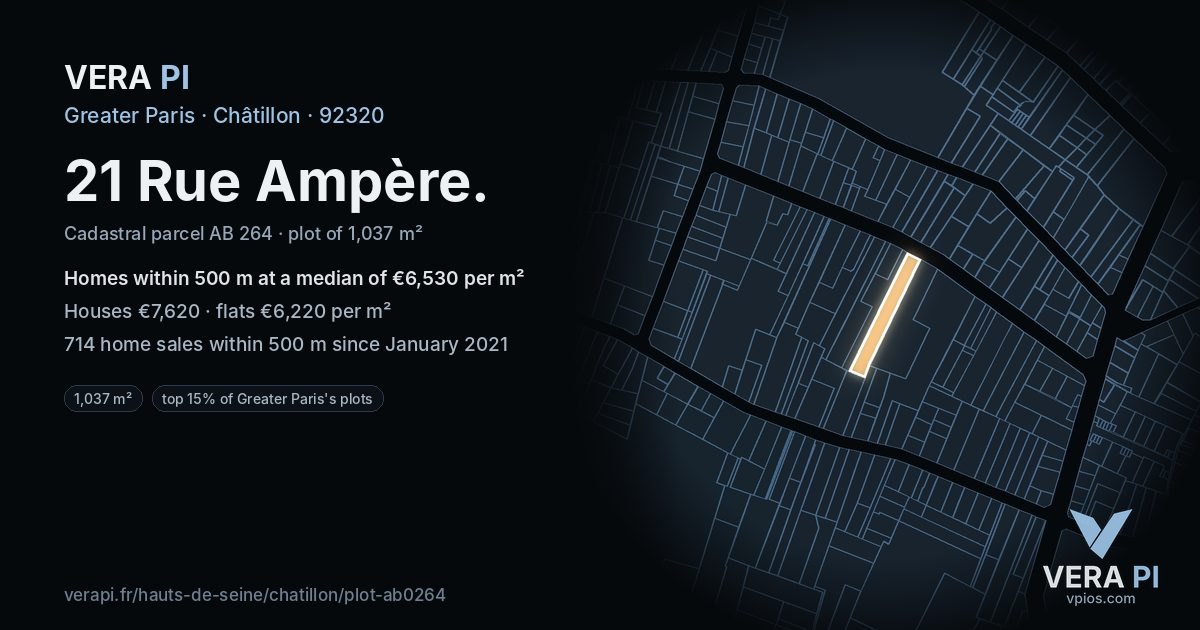 21 Rue Ampère, Châtillon at night – the plot lit, the parcels around coloured by the prices near them