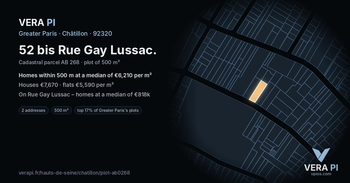 52 bis Rue Gay Lussac, Châtillon at night – the plot lit, the parcels around coloured by the prices near them
