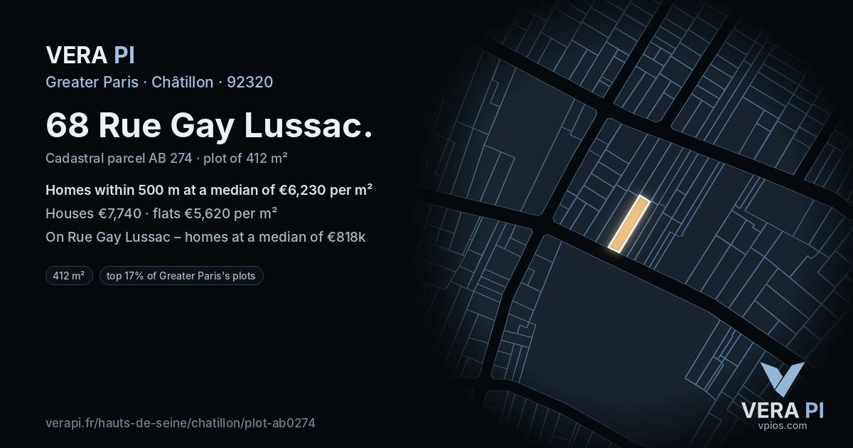 68 Rue Gay Lussac, Châtillon at night – the plot lit, the parcels around coloured by the prices near them