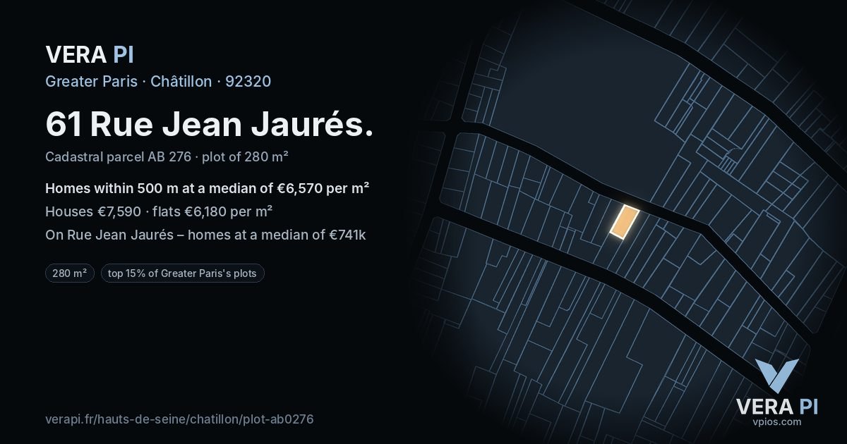 61 Rue Jean Jaurés, Châtillon at night – the plot lit, the parcels around coloured by the prices near them
