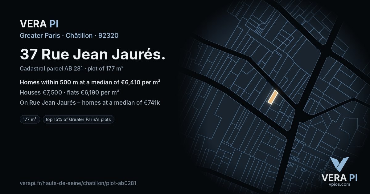 37 Rue Jean Jaurés, Châtillon at night – the plot lit, the parcels around coloured by the prices near them