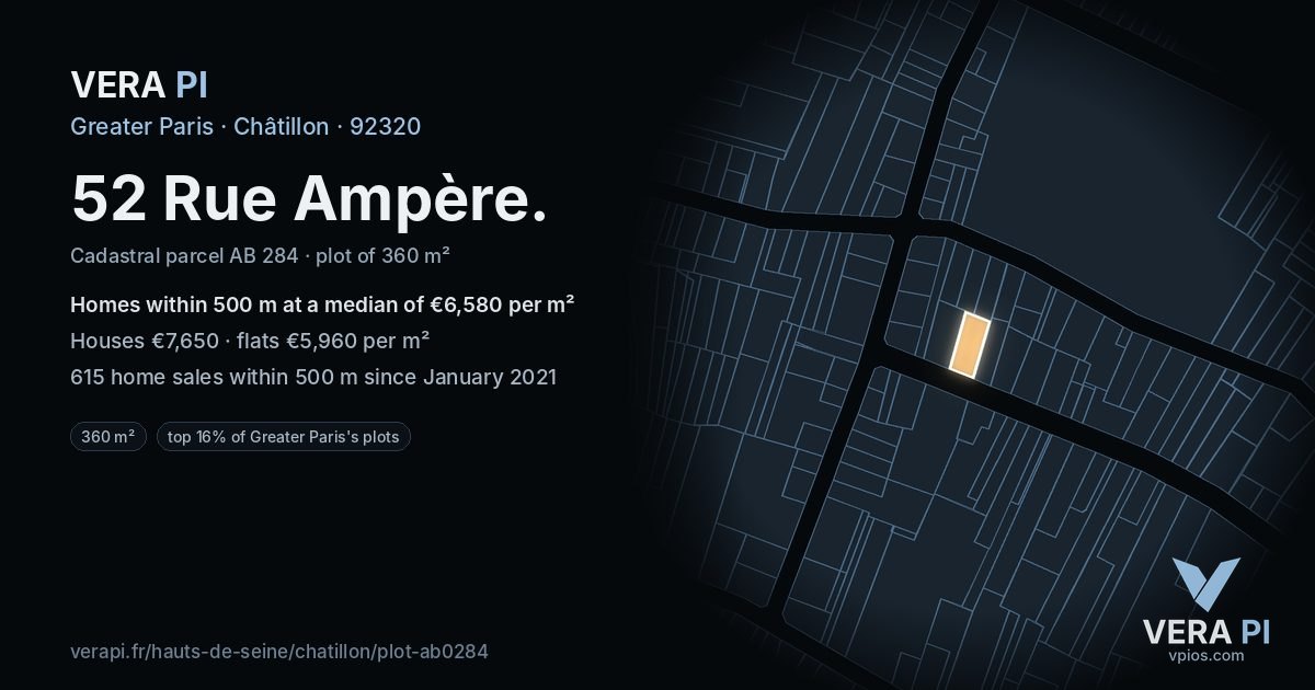 52 Rue Ampère, Châtillon at night – the plot lit, the parcels around coloured by the prices near them