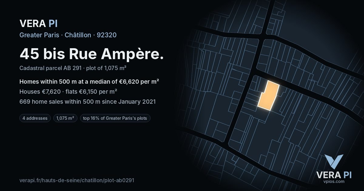 45 bis Rue Ampère, Châtillon at night – the plot lit, the parcels around coloured by the prices near them