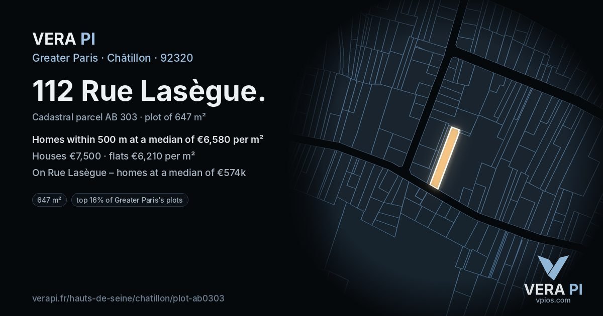 112 Rue Lasègue, Châtillon at night – the plot lit, the parcels around coloured by the prices near them