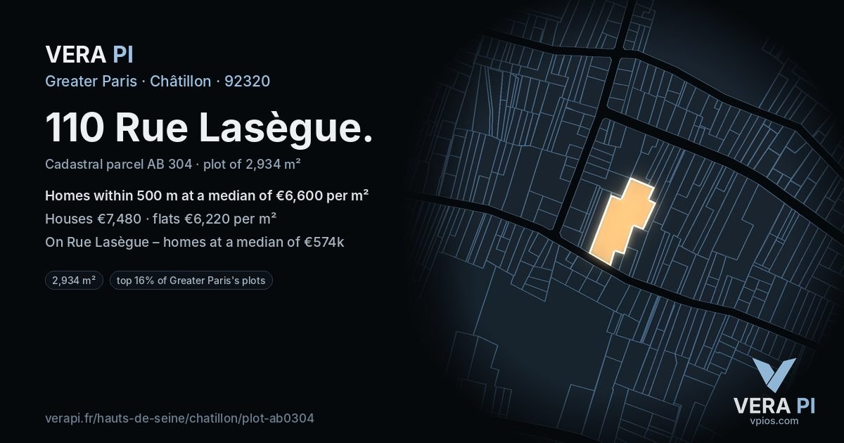 110 Rue Lasègue, Châtillon at night – the plot lit, the parcels around coloured by the prices near them