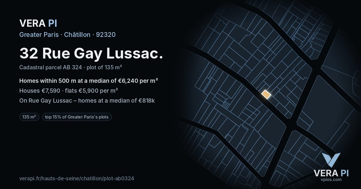 32 Rue Gay Lussac, Châtillon at night – the plot lit, the parcels around coloured by the prices near them