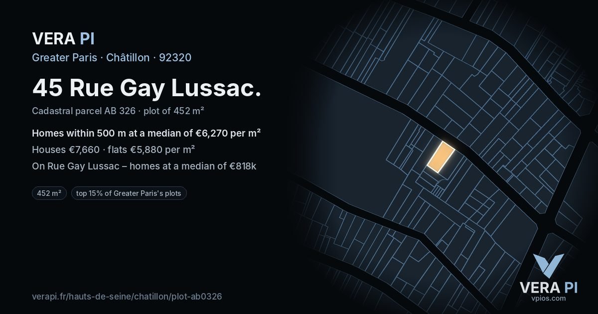 45 Rue Gay Lussac, Châtillon at night – the plot lit, the parcels around coloured by the prices near them