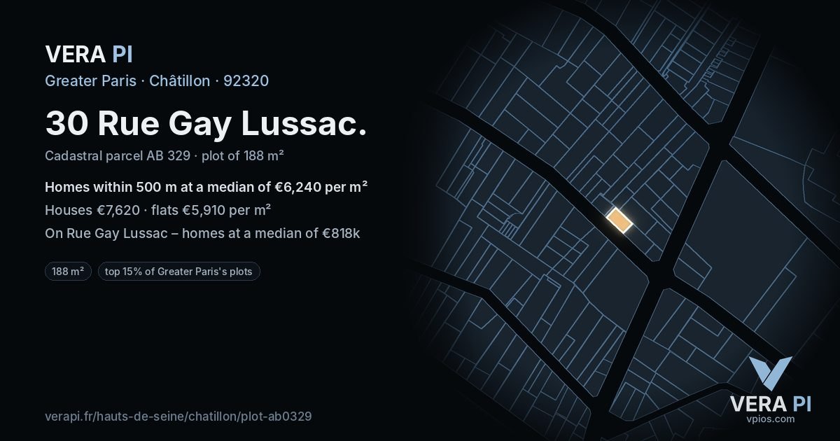 30 Rue Gay Lussac, Châtillon at night – the plot lit, the parcels around coloured by the prices near them