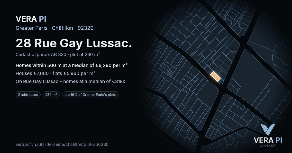 28 Rue Gay Lussac, Châtillon at night – the plot lit, the parcels around coloured by the prices near them