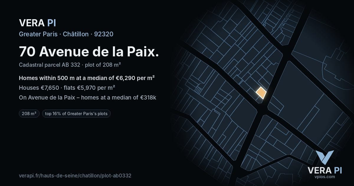 70 Avenue de la Paix, Châtillon at night – the plot lit, the parcels around coloured by the prices near them
