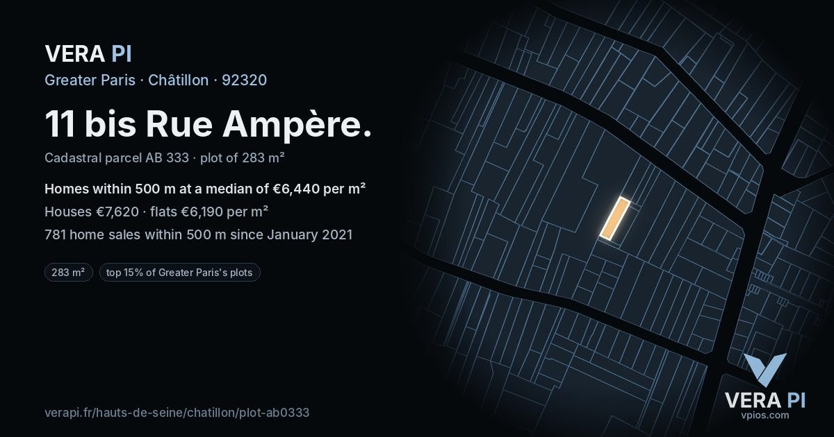 11 bis Rue Ampère, Châtillon at night – the plot lit, the parcels around coloured by the prices near them