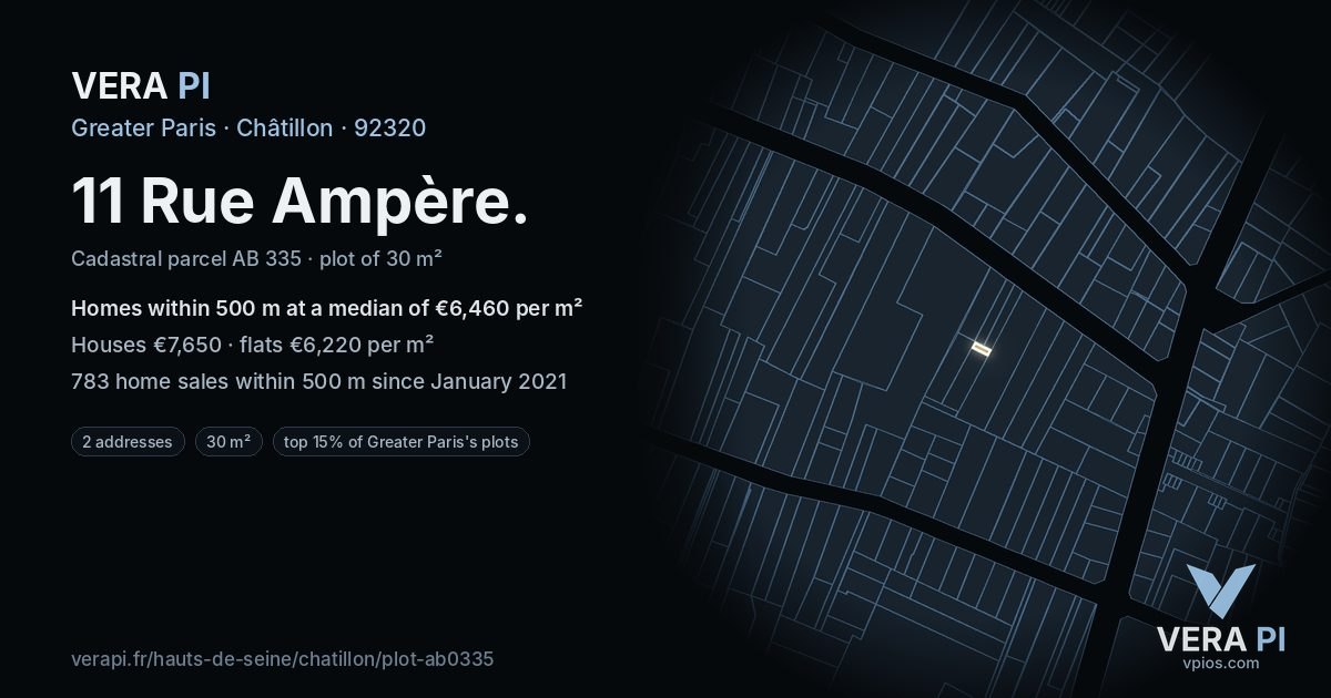11 Rue Ampère, Châtillon at night – the plot lit, the parcels around coloured by the prices near them