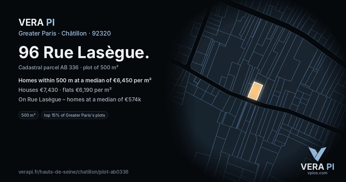 96 Rue Lasègue, Châtillon at night – the plot lit, the parcels around coloured by the prices near them