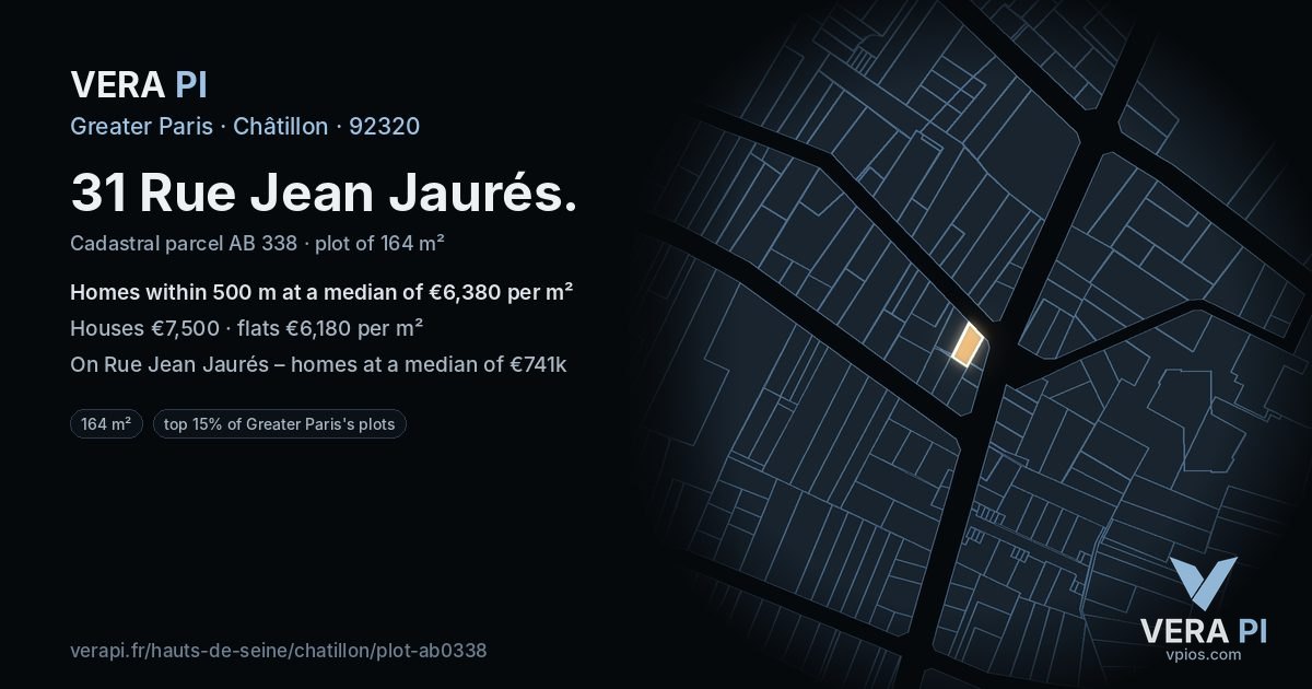31 Rue Jean Jaurés, Châtillon at night – the plot lit, the parcels around coloured by the prices near them