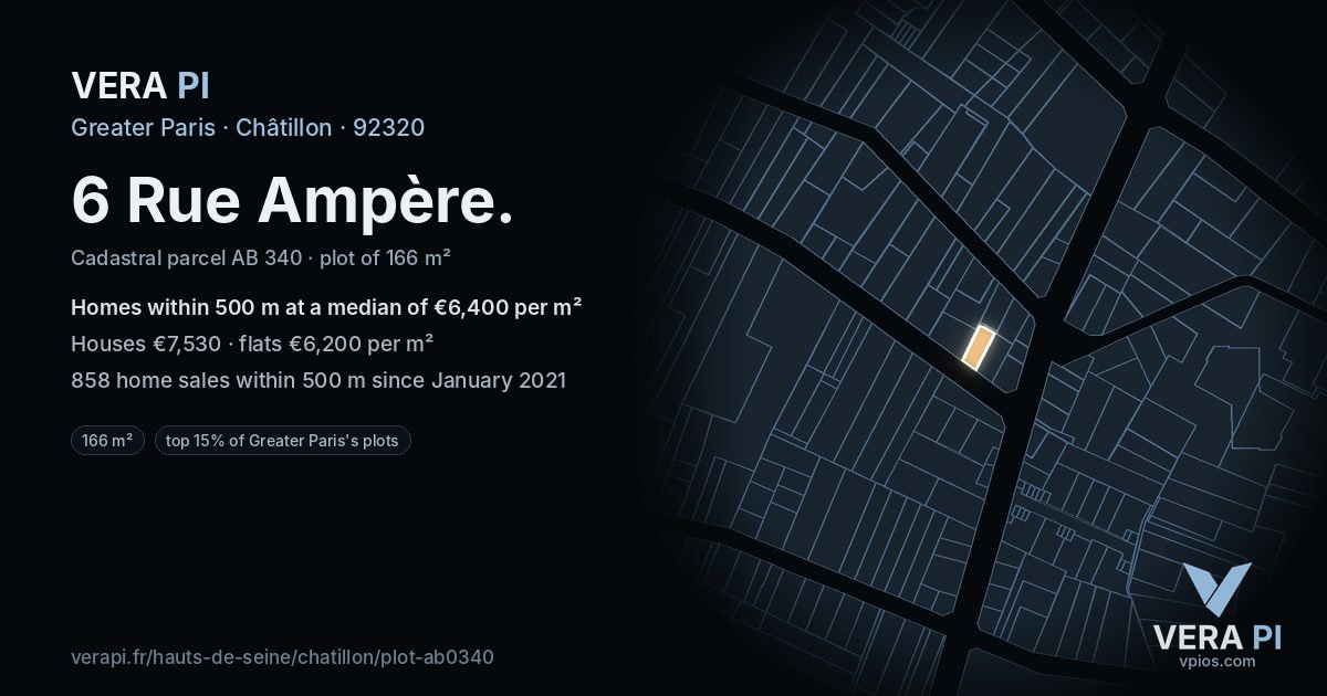6 Rue Ampère, Châtillon at night – the plot lit, the parcels around coloured by the prices near them