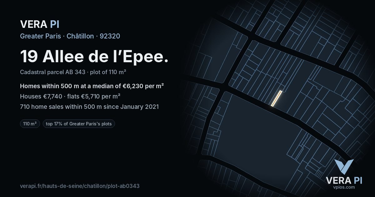 19 Allee de l’Epee, Châtillon at night – the plot lit, the parcels around coloured by the prices near them