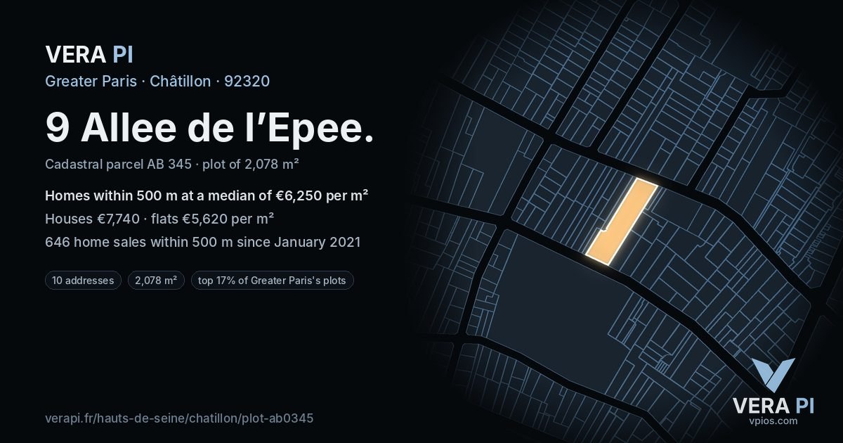 9 Allee de l’Epee, Châtillon at night – the plot lit, the parcels around coloured by the prices near them