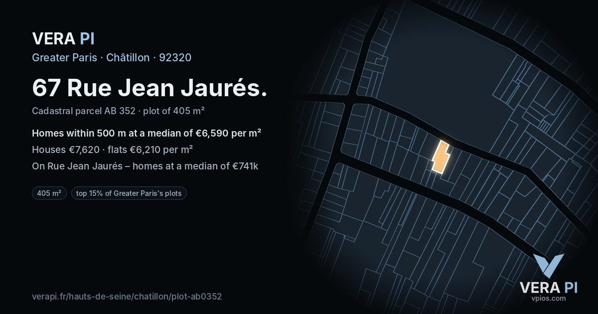 67 Rue Jean Jaurés, Châtillon at night – the plot lit, the parcels around coloured by the prices near them