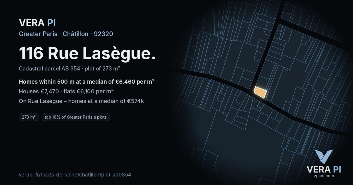 116 Rue Lasègue, Châtillon at night – the plot lit, the parcels around coloured by the prices near them