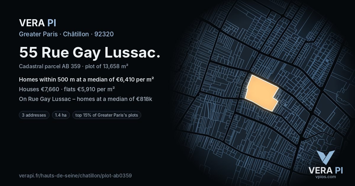 55 Rue Gay Lussac, Châtillon at night – the plot lit, the parcels around coloured by the prices near them