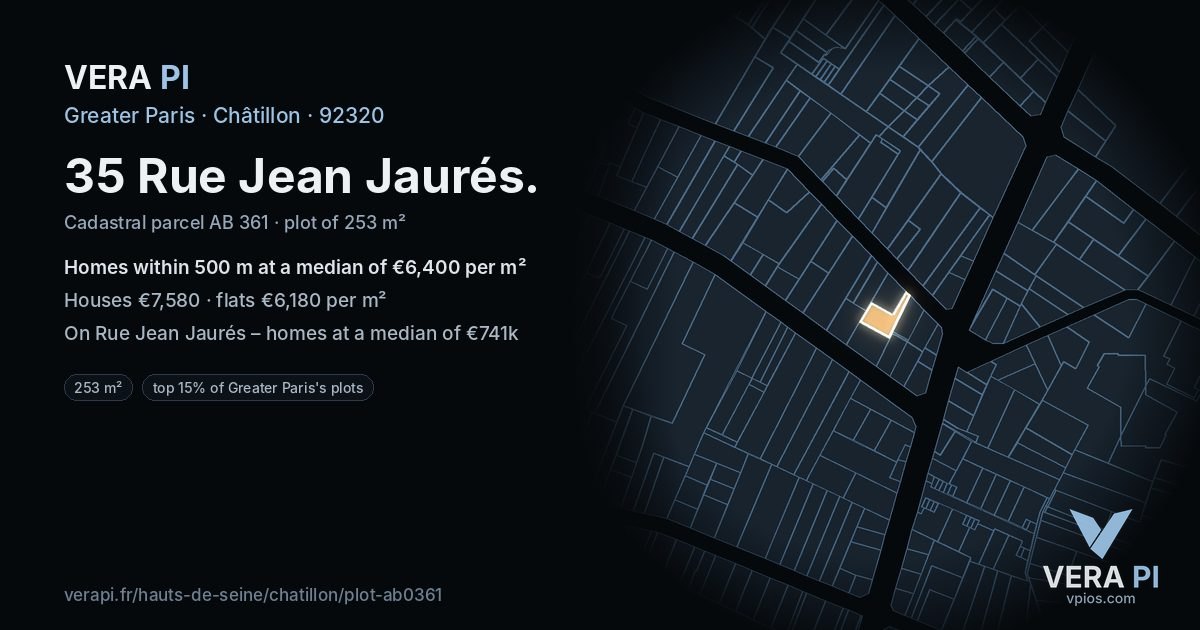 35 Rue Jean Jaurés, Châtillon at night – the plot lit, the parcels around coloured by the prices near them