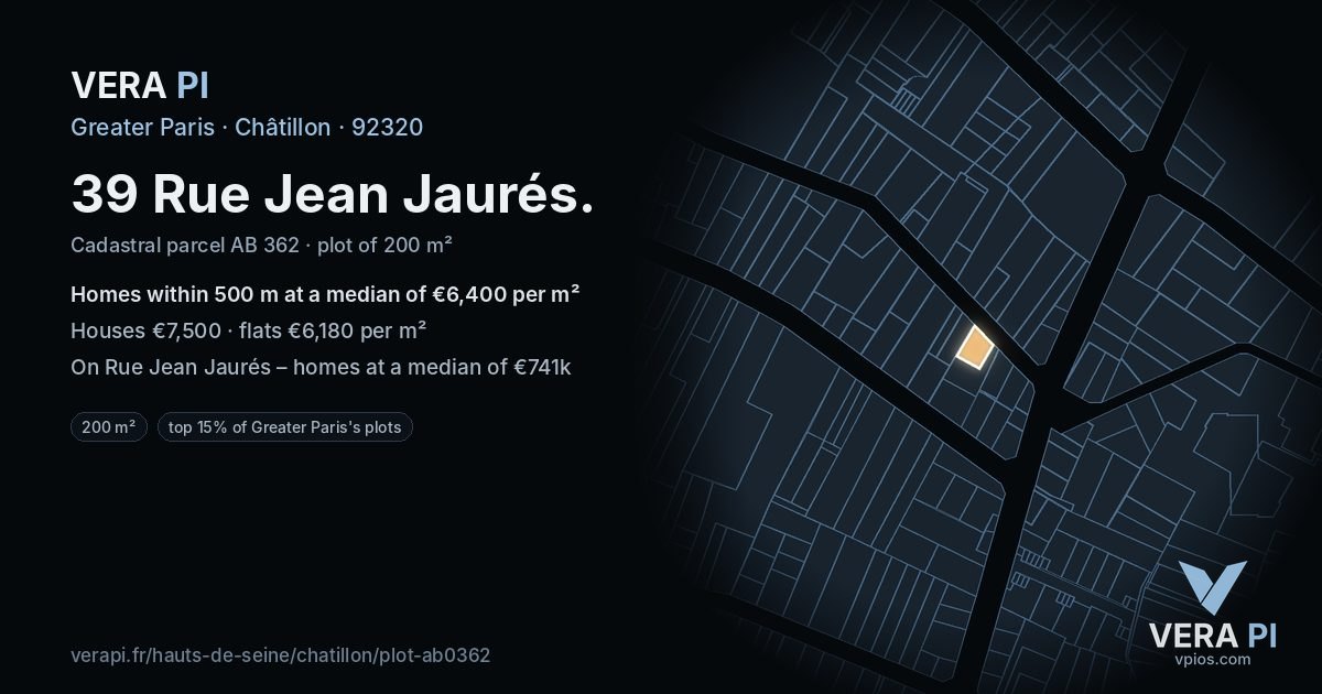 39 Rue Jean Jaurés, Châtillon at night – the plot lit, the parcels around coloured by the prices near them