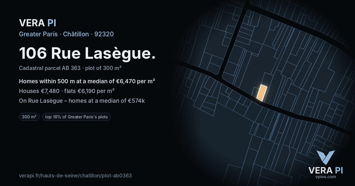 106 Rue Lasègue, Châtillon at night – the plot lit, the parcels around coloured by the prices near them