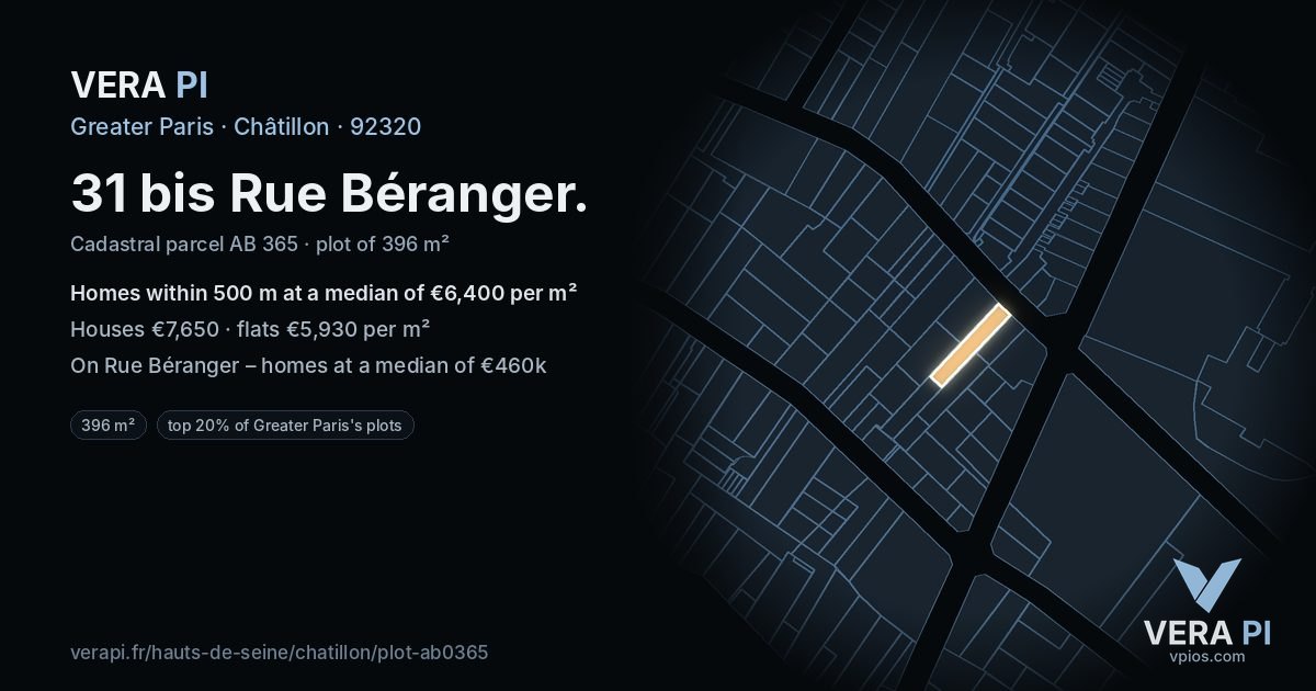31 bis Rue Béranger, Châtillon at night – the plot lit, the parcels around coloured by the prices near them