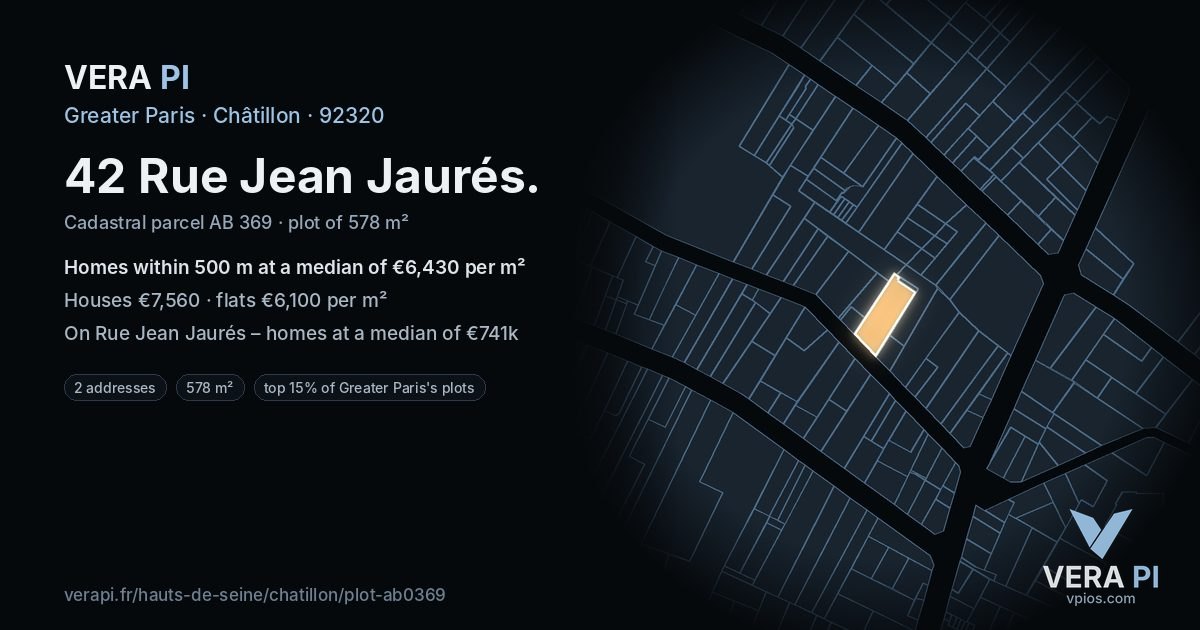 42 Rue Jean Jaurés, Châtillon at night – the plot lit, the parcels around coloured by the prices near them