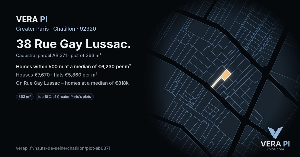 38 Rue Gay Lussac, Châtillon at night – the plot lit, the parcels around coloured by the prices near them