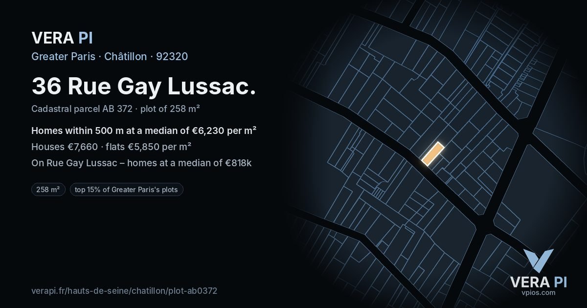 36 Rue Gay Lussac, Châtillon at night – the plot lit, the parcels around coloured by the prices near them